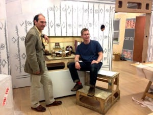 Photo of Merlin Crossingham and David Sproxton at the set up for the Wallace & Gromit from the drawing board exhibition at M Shed