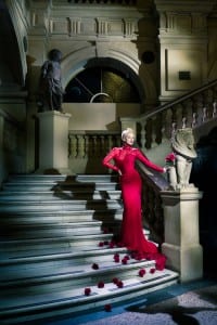 Photo of a lady in a long red dress standing on the staircase at Bristol Museum