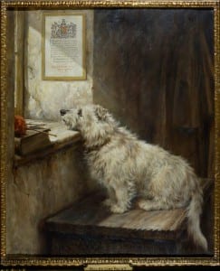 painting of a dog looking out a window called Will he come back by artist Robert Morley