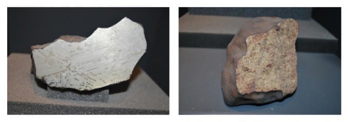 Meteorites from the museum’s collection on display in the geology gallery at Bristol Museum & Art Gallery: Iron/Nickel (on the left) and Stony (on the right).