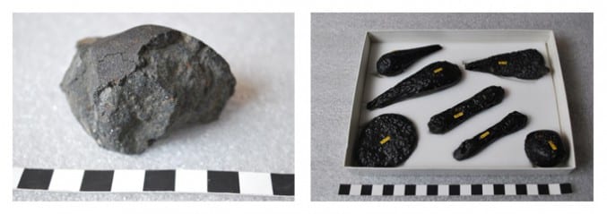 Other interesting specimens from the museum’s collection: A piece of the Murchison meteorite (on the left) and examples of tektites from near the Angkor Wat Temple complex, Cambodia (on the right).