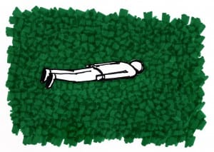 Erdkunde: A cartoon man lying face down on a green background