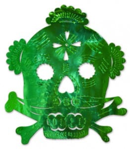 A green foil cut-out of a skull and crossbones