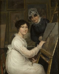 Painting of an artist with her mother looking at her painting