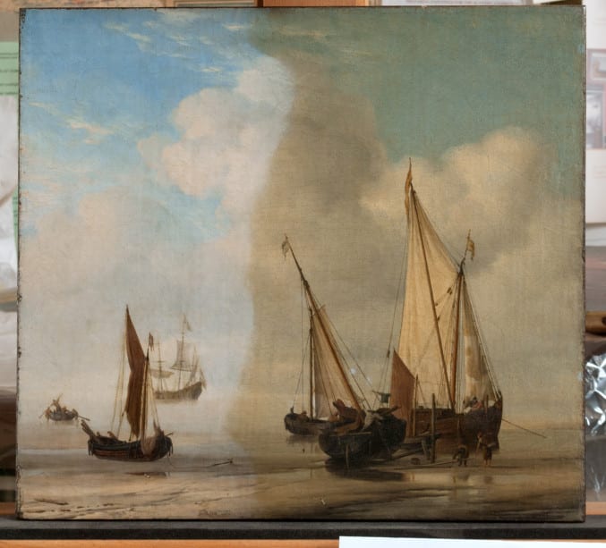 Willem van de Velde’s A 'Smalschip' with Sail Set at Anchor Close to the Shore, and a 'Boier' Laid Ashore (1650-60) during conservation