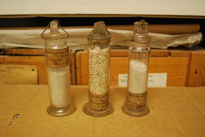 Three examples of original glass vials containing deep sea sediment collected on the HMS Challenger expedition (1872 – 1876). The labels indicated the name of the sediment, what station number it was collected from and from how deep, in fathoms!