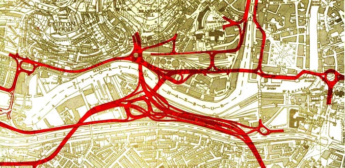 Plan from the 1972 Casson Conder report on Bristol City Docks showing proposed road schemes