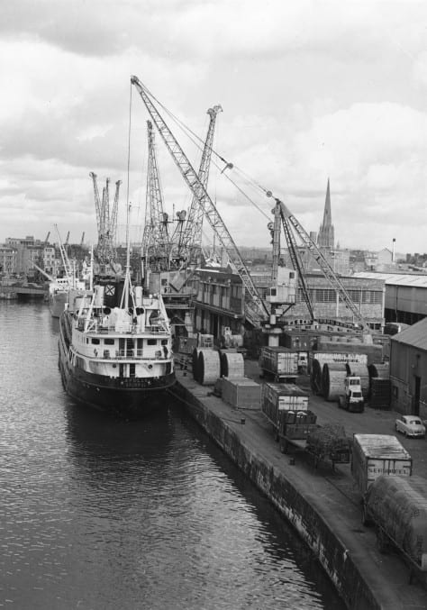 Black and white image of the first purpose-made container berth in Bristol