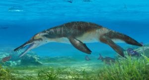 A pliosaur swimming in the sea surrounded by Jurassic marine life