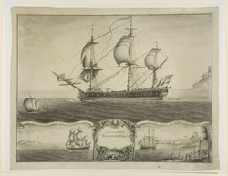 The Blandford Frigate, by Nicholas Pocock, 1760. This image illustrates the narrative of the transatlantic slavery through the border drawings depicting the ship: On the passage to the West Indies and On the coast of Africa trading