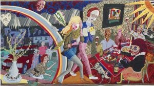 A vibrant tapestry by Grayson Perry appearing in the Vanity of Small Differences exhibition