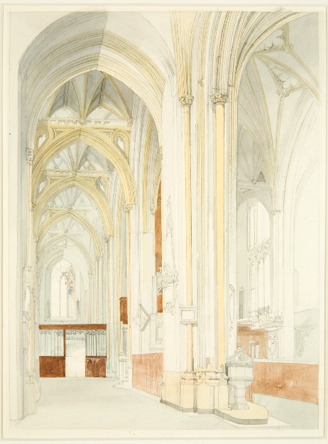 An unfinished water colour from 1825 showing the north aisle of Bristol Cathedral. 