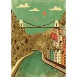 Print of the Suspension bridge over the river Avon with balloons flying over, in muted colours