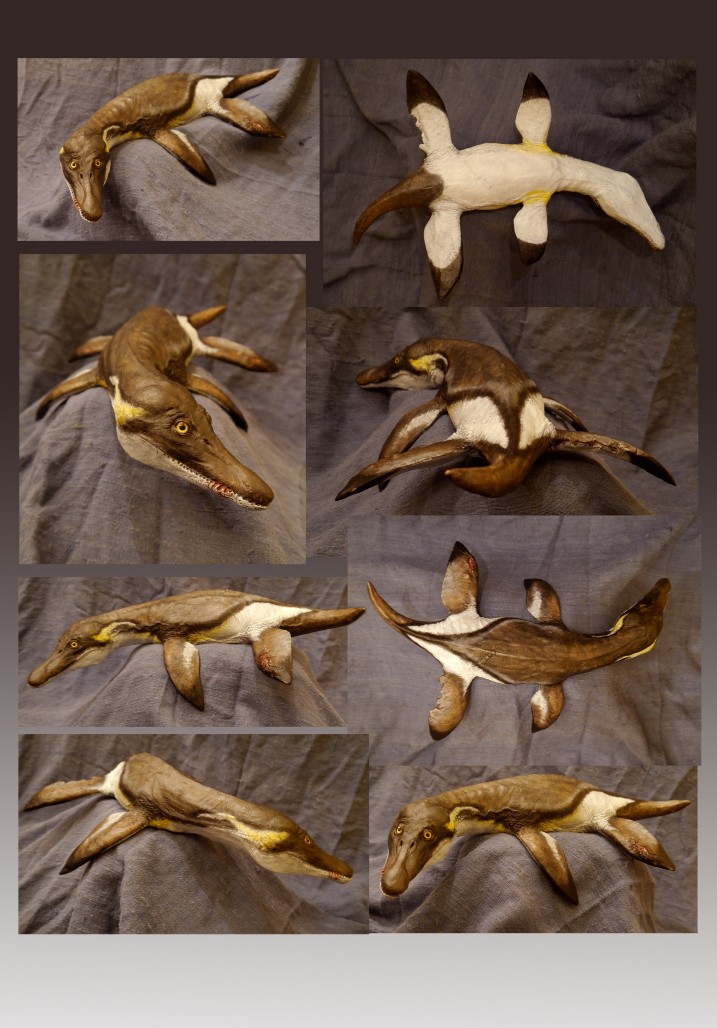 Images from all angle showing how the final Pliosaur colour scheme was decided - with black, white and yellow patterns.