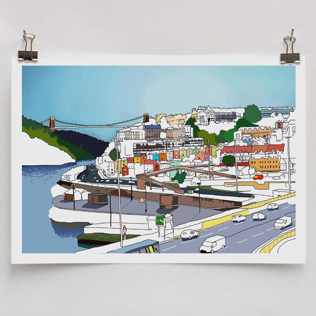 Bristol views print by Alice Rolfe. A cartoon version of the view of Clifton Suspension Bridge and Hotwells