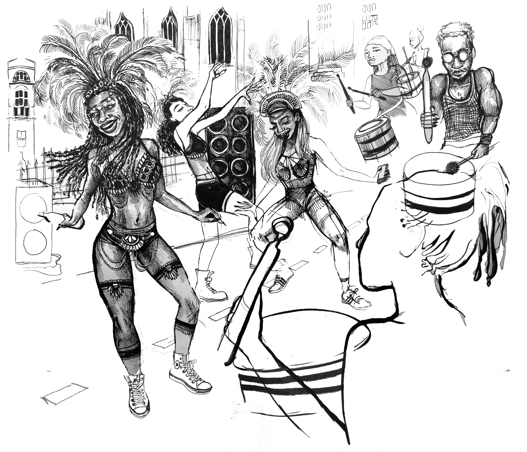 Illustration by Jasmine Thompson showing African Caribbean women dancing in traditional carnival outfits and headdresses, surrounded by sound systems and people playing the drums