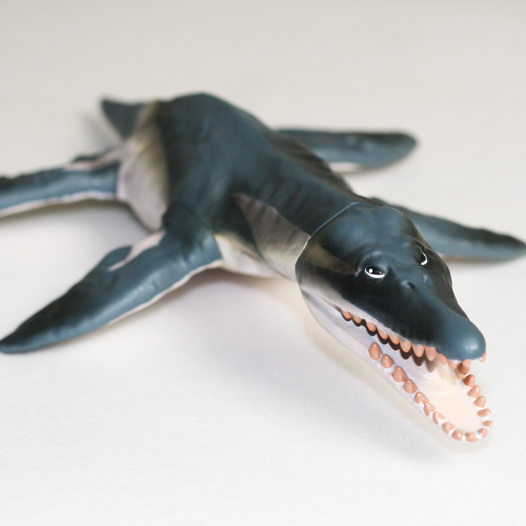 Image of our exclusive Doris toy, a plastic Pliosaur with an open mouth. 