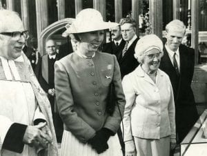 Miss Ralph stood with Princess Anne and her husband (St Mary Redcliffe, 1988)