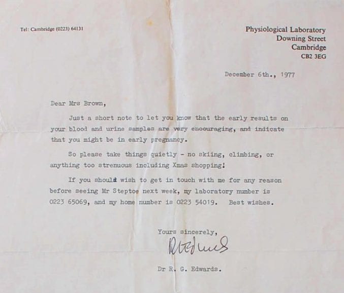 Letter from Dr Edwards to Lesley Brown in December 1977, indicating that she may be pregnant (ref. 45827/CO/1/6)