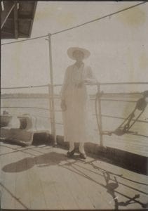 Margaret Duncan on the deck of Cluny Castle, from her photograph collection. Dated 9 May 1918