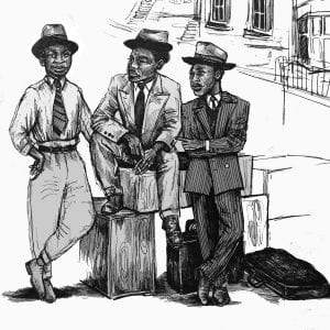 black and white sketch showing three Black men in 1950s clothing, standing in front of a georgian terrace