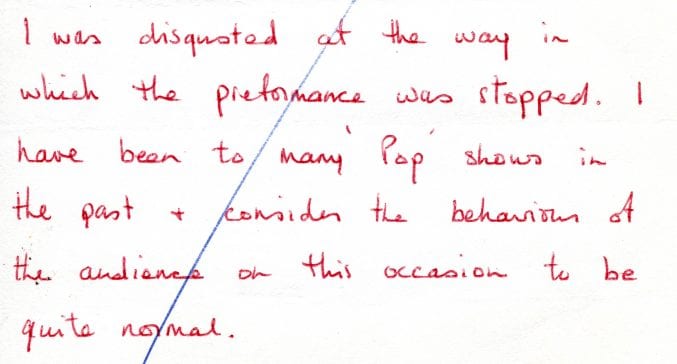 Complaint letter about the Walker Brothers concert, 1964 (ref. 46110)