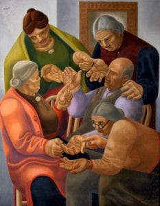 A painting called The Palm Foretells’ by William Roberts, 1937. It depicts five people reading each other's palms
