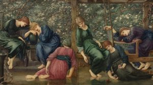 he Garden Court by Edward Burne Jones | Six sleeping women draped elegantly over garden furniture