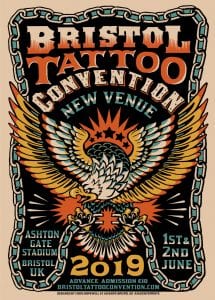 A poster advertising Bristol Tattoo Convention 2019. It features an illustration of an eagle breaking a chain in its claws
