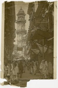 Photograph of Peshawar street scene used for poster design, 1930s (ref. 2018/007/1/1)