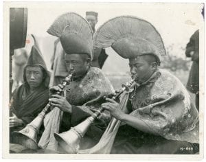 Buddhist monks blowing horns in Bhutan, 1930s (ref. 2018/007/1/20)