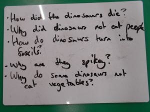 Photograph of list of questions raised by children about dinosaurs