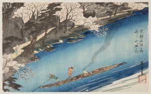 A Japanese Print of two men sailing down a river surrounded by Cherry Blossom trees