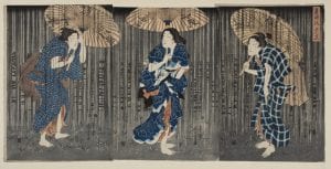 A Japanese Print featuring three women sheltering from the rain under umbrellas