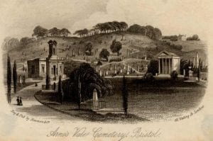 Etching of the cemetery with paths leading past grand monuments to gravestones and the hills behind.