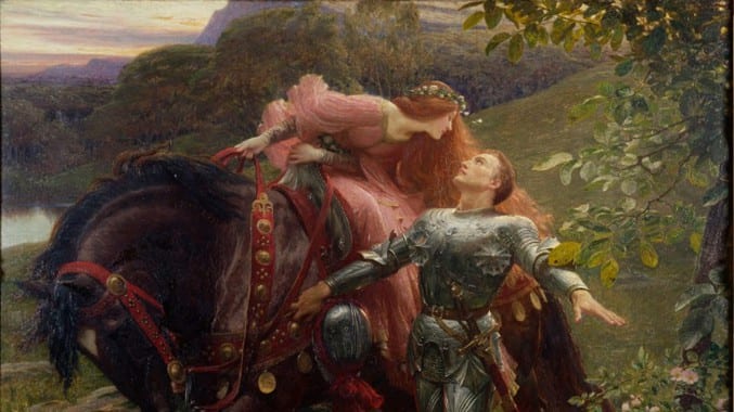 A Pre-Raphaelite painting of a woman with flowing red hair sat on a horse and leaning down to a man in armour