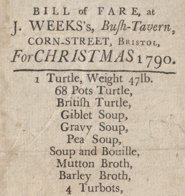 Detail of a bill of fare from Bush Tavern in Bristol, Christmas 1790