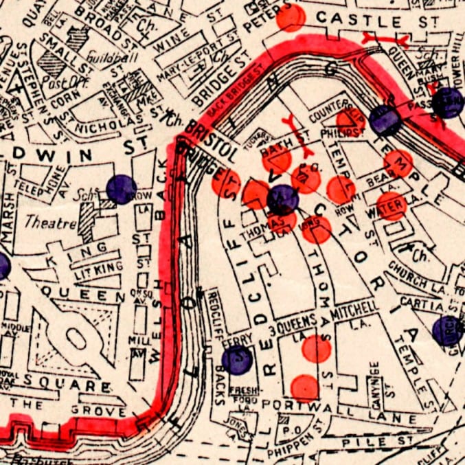 Detail of a map showing the bombardment of bristol