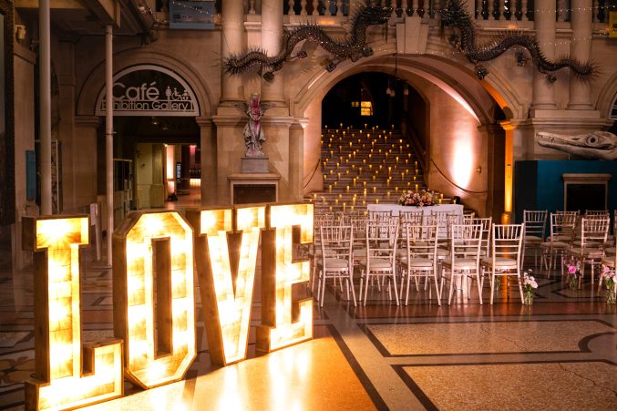 The word 'love' lit up in large letters.