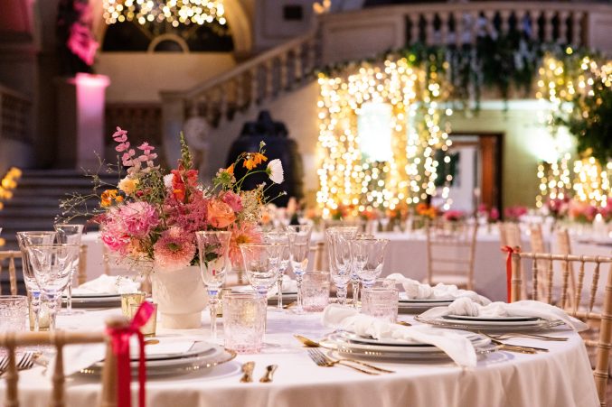 A large table set for a wedding