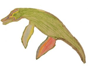 A Pliosaur designed to have green skin and orange flippers.