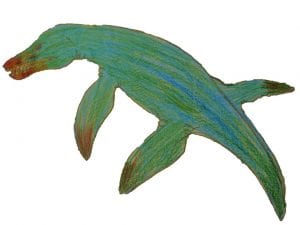 A Pliosaur design with green scaly skin and brown detailing on the jaw and flippers.