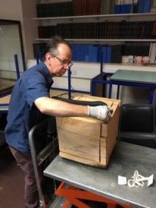 David, the Preventative Conservator cleaning Nash’s Cracking Box (K5623) with the ‘Museum Vac’.