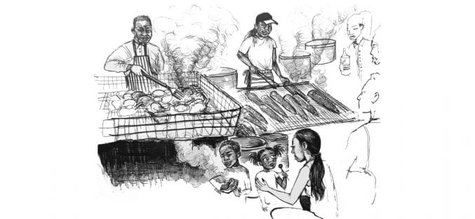 Illustration by Jasmine Thompson showing food stalls serving traditional African Caribbean food