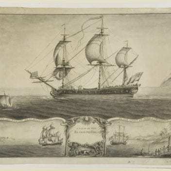 The Blandford Frigate, by Nicholas Pocock, 1760. This image illustrates the narrative of the transatlantic slavery through the border drawings depicting the ship: On the passage to the West Indies and On the coast of Africa trading