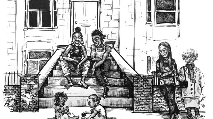 black and white sketch of people at st pauls carnival. there is a man and woman sitting on steps in front of a house. there are two young children playing in front of them