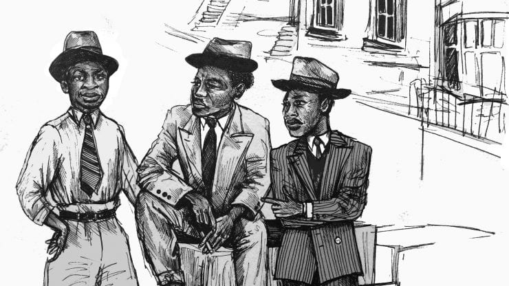 black and white sketch showing three Black men in 1950s clothing, standing in front of a georgian terrace