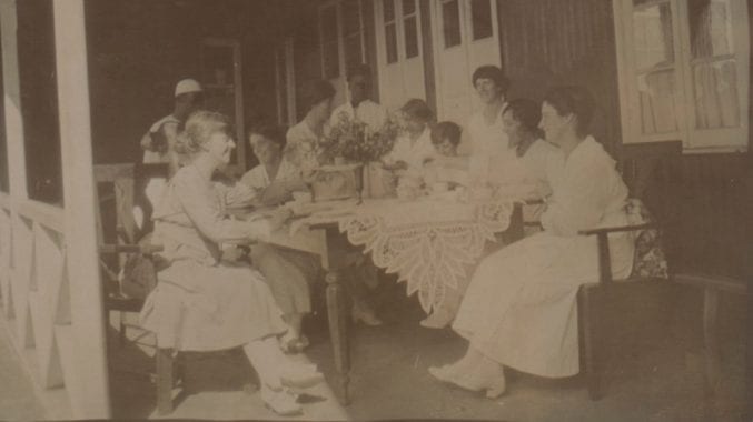 Teatime for Margaret and her colleagues at the Post Office Bungalow