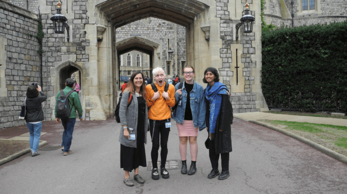 Anika, Marcin and Maisie stood outside Windsor Castle with Claire Simmons - the project coordinator