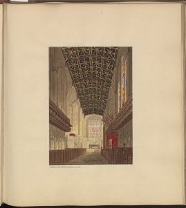 Interior of chapel showing ornate ceiling, stained glass windows and choir stalls.